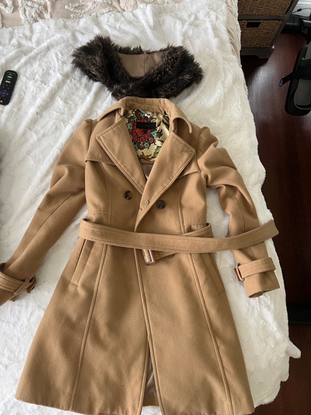 Steve Madden Tan Trench Coat with Removable Faux Fur Collar
